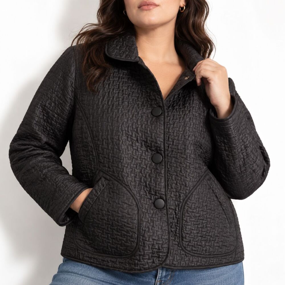 Nine West Quilted Jacket Large Black Button Front Lightweight Coat Pockets